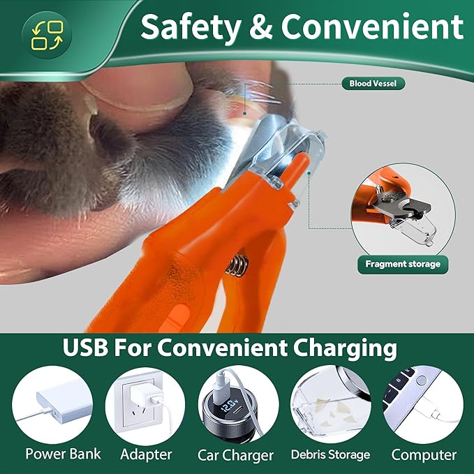 2 in 1 Dog Nail Clippers & Cat Nail Clippers Trimmers for Large Medium Small Dogs Cats Claw Trimmer Quick Sensor and Safety Guard USB Rechargeable Dogs Nail Trimmer with Catcher & 2 LED Lights