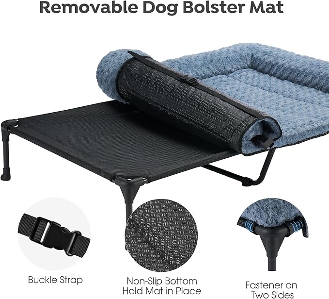 Veehoo Cooling Elevated Dog Bed Add Removable Deluxe Rose Plush Bolster Cushion Mat, 53" x 33" Washable Dog Couch Bed, Raised Pet Cot with Breathable Teslin Mesh, No-Slip Feet, Haze Blue, CWC2439B