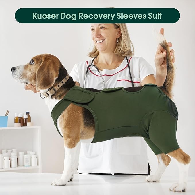 Kuoser Thigh Wound Protective Sleeve for Dogs, Dog Surgery Recovery Suit for Rear Legs, Dog Recovery Sleeve for Female Male Dogs, Dog Onesie After Surgery Pet Surgical Suit for Spay Neuter, Green