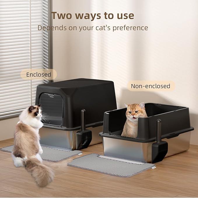 Stainless Steel Cat Litter Box with Lid, Extra Large, Great for Large & Small Cats, Easy to Clean, Anti-Leakage, Non-Sticky, Multifunctional 2 in-1 Metal Cat Litter Box - Black