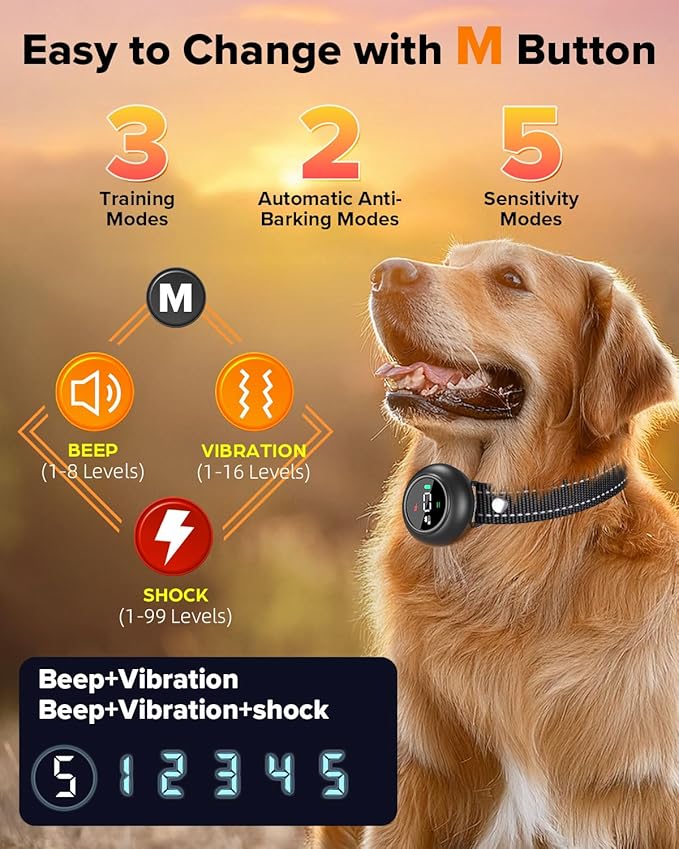 XDX 2-in-1 Dog Shock Collar & Bark Collar – 3300FT Dog Training Collar with Remote, Automatic Anti-Barking, 5 Adjustable Sensitivity Levels, IP67 Waterproof E-Collar for Small Medium Large Dogs