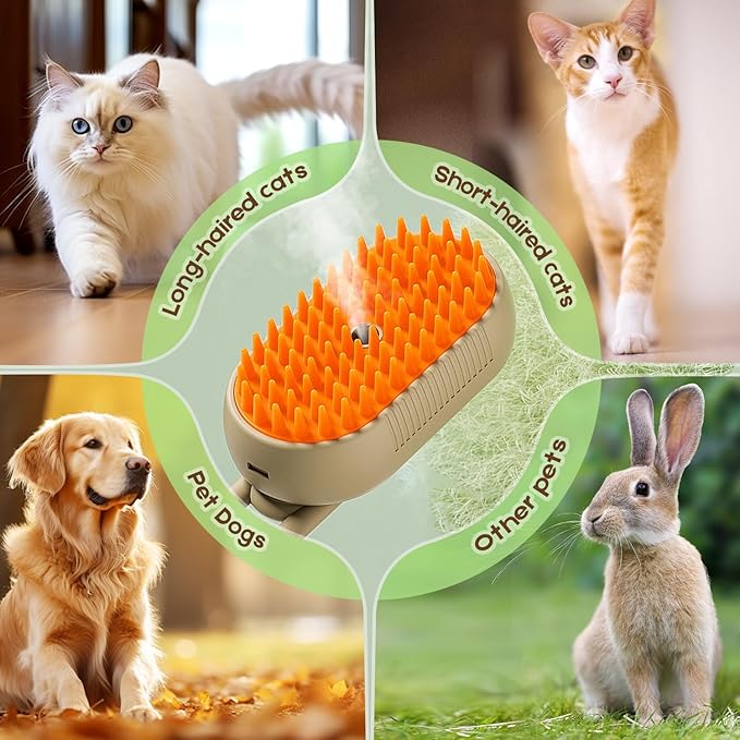Upgrade Cat Steam Brush, 3 in 1 Pet Steam Groomer Brush, Rechargeable Pet Steam Groomer Comb for Massaging and Cleaning Shedding Pets Hair, Anti-Static Hair Removal Comb for Cats Dogs (Khaki)