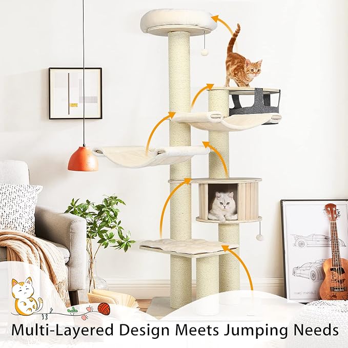 Tangkula Large Cat Tree, Multi-Level Tall Cat Tower with Sisal Scratching Posts, Hammocks, Hanging Basket, Cat Condo and Removable Washable Cushions, Modern Wood Cat Tree for Indoor Cats Large Adult