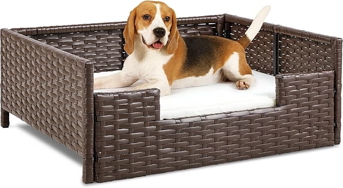 YITAHOME Rattan Dog Sofa Bed with Cushion,Wicker Pet Bed Sofa Couch Indoor Outdoor Water Unaffected for Large Medium Small Dogs Cats (24.8''L*19.7''W*9.8'',Beige)