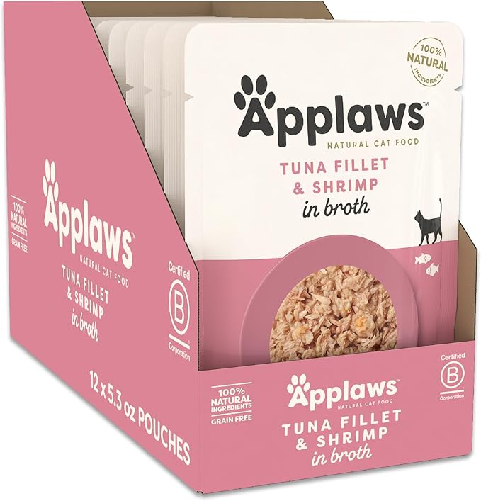 Applaws Natural Wet Cat Food in Broth, Limited Ingredient Wet Cat Food Pouches, No Additives, Made with Natural Ingredients, Tuna Fillet with Shrimp in Broth (12 x 5.3oz Pouches)