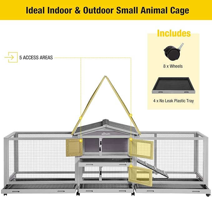 Aivituvin Rabbit Hutch Large 2-Story Bunny Cage Indoor Outdoor on Wheels Bunny House with Run,Pull-Out Tray