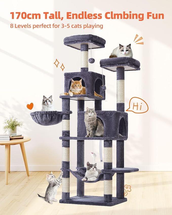 Taoqimiao Cat Tree, 66.2-Inch Cat Tower for Indoor Cats, Plush Multi-Level Cat Condo with 7 Scratching Posts, 2 Perches, 2 Caves, Hammock, 2 Pompoms, Smoky Gray MS013G