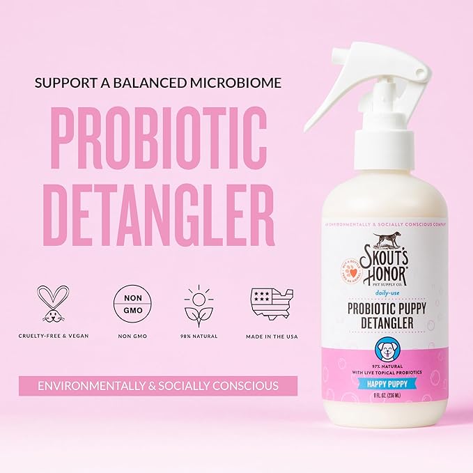 Skout's Honor Pet Detangler Spray - Hydrating & Conditioning with Avocado Oil & Probiotics, 97% Natural, Paraben & Sulfate-Free, softens for a More brushable Coat, Daily Use, 8oz, Happy Puppy, 2-Pack