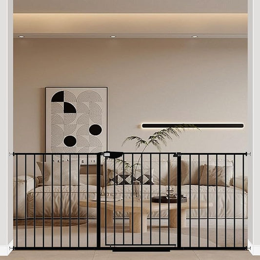 WAOWAO Triple Lock 68.11-75.98" Baby Gate Extra Wide Pressure Mounted Walk Through Swing Auto Close Safety Black Metal Dog Pet Puppy for Stairs,Doorways,Kitchen