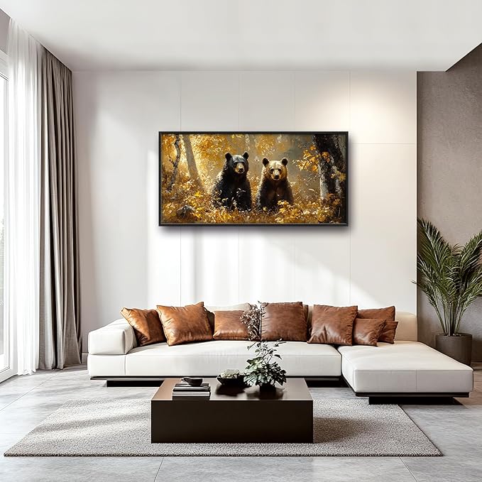 Large Forest Bear Wall Art for Living Room, Black Bear Autumn Canvas Oversized Wall Decor, Wildlife Framed Pictures Painting Print Artwork for Bedroom Office 60L" x 30W"