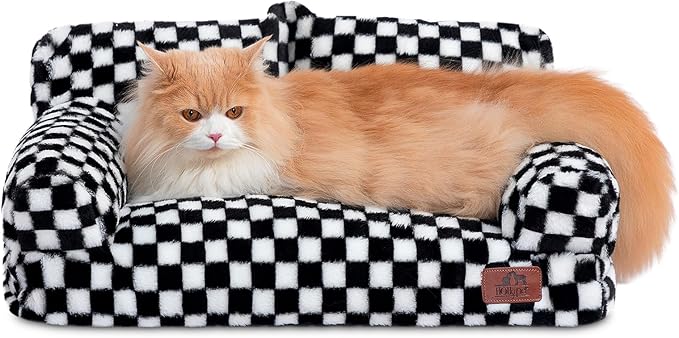 Hollypet Fluffy Plush Dog Cat Pet Couch Soft Calming Sofa Bed for Medium Small Cats and Dogs, Black and White