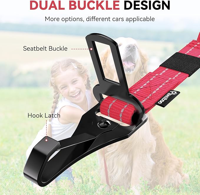 Pawaboo 2Pack Dog Seatbelt for Car, 3-in-1 Dog Seat Belt Bungee, Shockproof Dog Car Tether with Buckle & Hook Latch, Adjustable Reflective Dog Car Harness Leash with 360° Lockable Buckle, Red