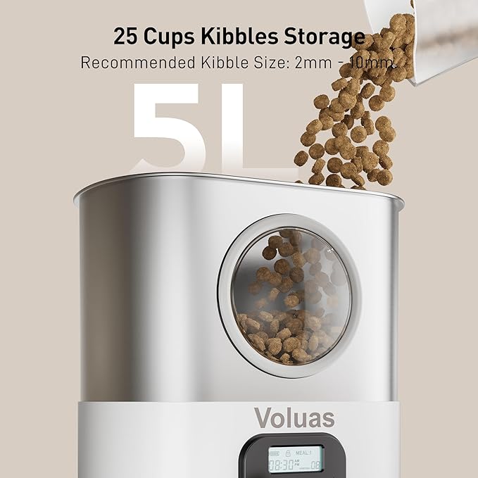 VOLUAS Automatic Cat Feeders for Two Cats,Stainless Steel 5L Pet Feeder for Cats and Dogs Timed Cat Feeder Pet Dry Food Dispenser, White