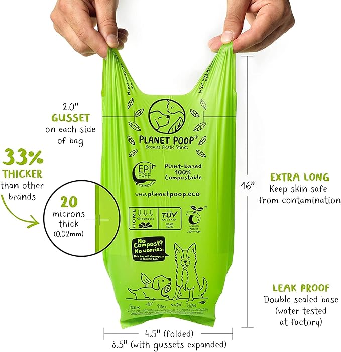 PLANET POOP Home Compostable Dog Poop Bags Extra-long with Handles 240 Un-Scented Pet Waste Bags Plastic Free, Thick Leakproof Plant-Based Doggy Bag, Cats & Dogs Pet Supplies