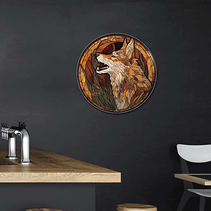 Lygond Metal Sign Tin Sign Circular Stained Glass Coyote Gardening Poster for Home Decor 8×8 Inches