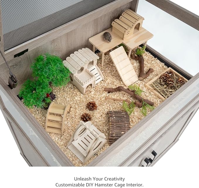 unipaws Hedgehog Cage with Storage Cabinet, Hamster Cage for Rat and Guinea Pigs, Clear Transparent PVC Visual Small Animal Cage with Tray, Hamster Enclosure, Grey