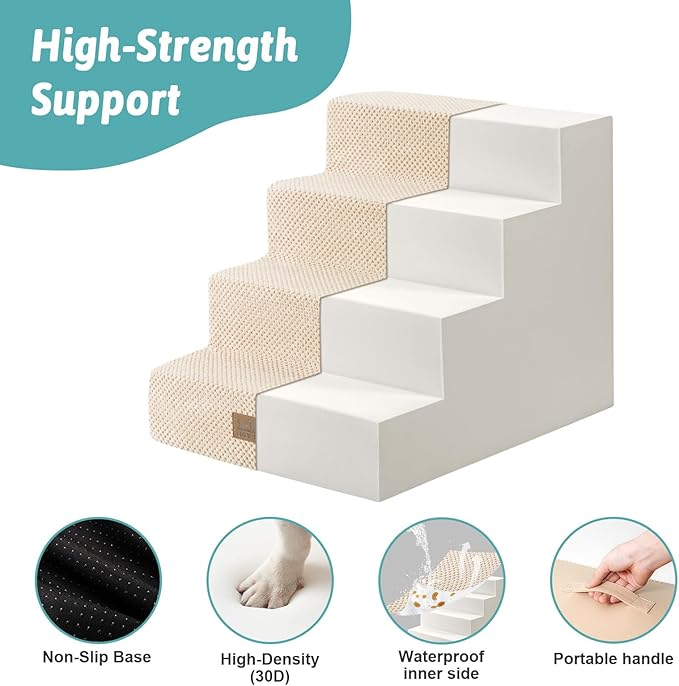 Dog Stairs for Small Dogs, 4 Tier Wider Pet Stairs for Couch and Beds, 17.7" H Non-Slip Dog Steps for Old Cats, Puppy, Small Medium Dogs, 17.7x23.6x17.7 inch, Beige