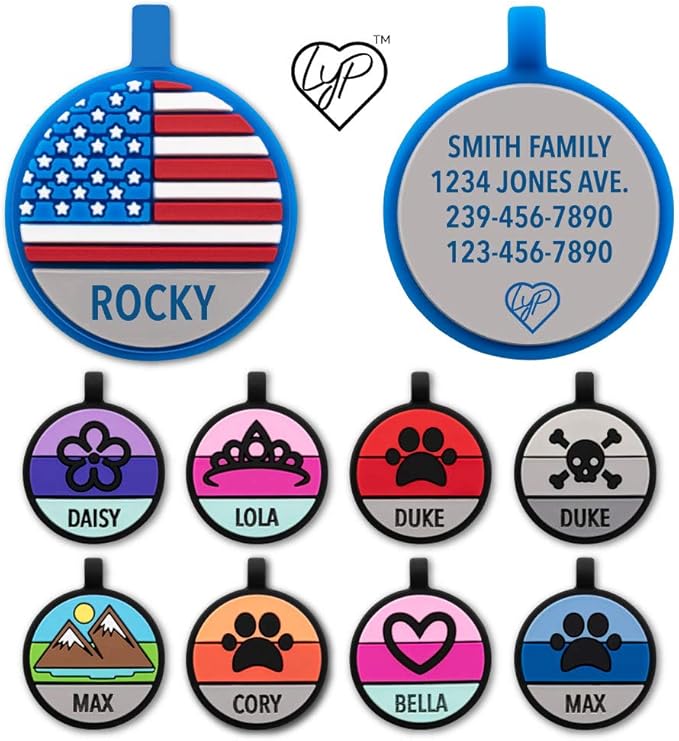LYP Original Soundless Pet ID Tags | Custom Dog Tags Personalized for Pets | Durable Silicone Deep Engraved Dog Tag | No More Jingling | U.S. Flag