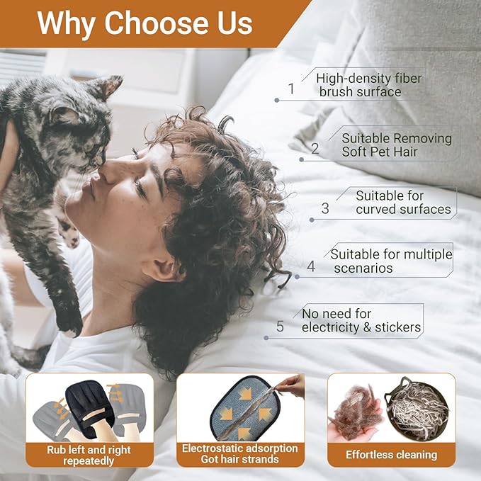 Pet Hair Remover Glove for Furniture, Reusable Dog and Cat Fur Removal Tool for Couch, 5-Finger Black, Lint Clean Glove for Carpet, Bedding, Clothes, Curtain, Pet Bed, Car Seats