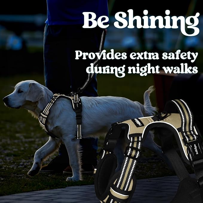 rabbitgoo Dog Harness for Large, No Pull Pet Harness with 3 Buckles, Adjustable Soft Padded Vest with Control Handle, Walking Reflective Pet Vest for Extra Large Dogs, Beige, XL