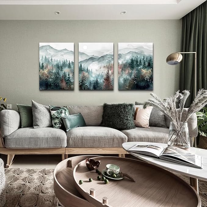TTHYUEWS Wall Art For Living Room Farmhouse Wall Decor For Bedroom Wall Pictures for Office Fog Forest Mountain Landscape Watercolour Wall Paintings Artwork Ready To Hang Home Decorations 3 Piece