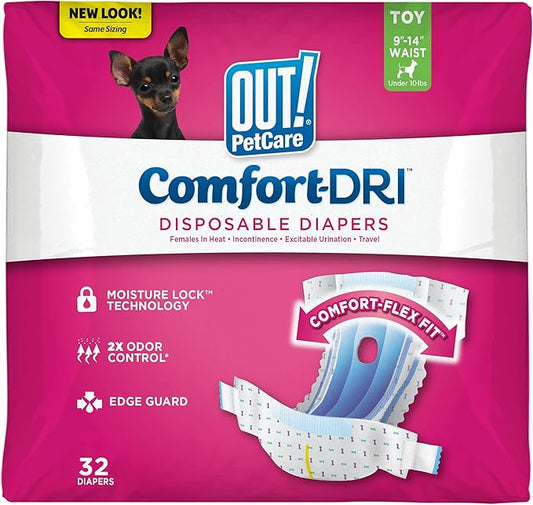OUT! PetCare Disposable Dog Diapers Female, Potty Training, Dog Diapers, Female Doggie in Heat, Puppy Training, Incontinence, Puppy Essentials 9”-14” Waist (Toy, 32ct)