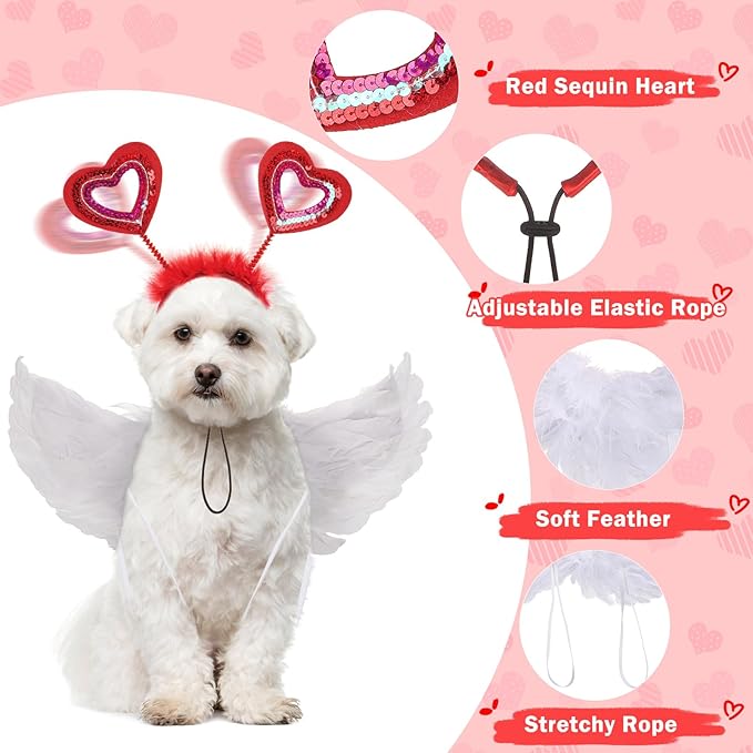 SCENEREAL Dog Outfit/Birthday Bandana with Feather Wing & Heart Headband Dogs Girls Set, Red Puppy Kitty Party Supplies for Small Medium Dogs Cats, Pet Costumes