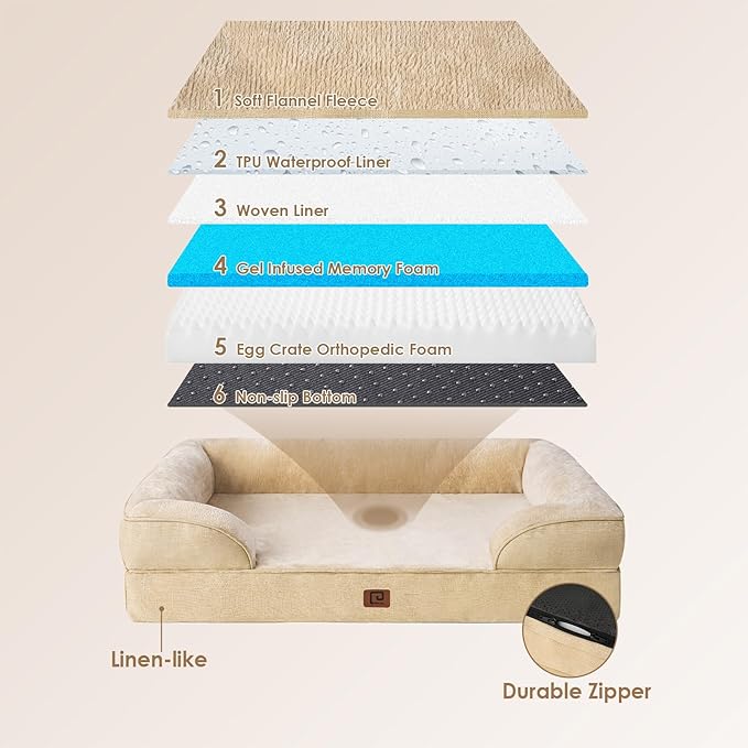 EHEYCIGA Orthopedic Dog Bed for Medium Dogs, Waterproof Memory Foam Medium Dog Beds with Sides, Non-Slip Bottom and Egg-Crate Foam Pet Couch Bed with Washable Removable Cover, Greige