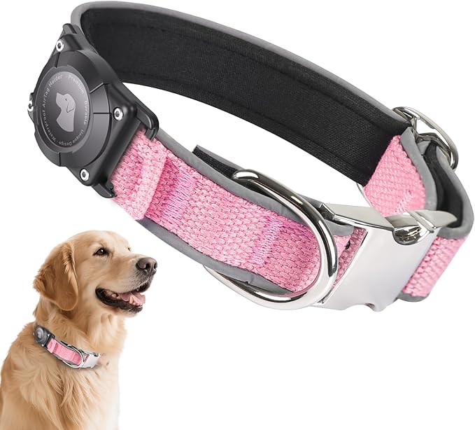 Waterproof Airtag Dog Collar - Nylon Collar with Durable Airtag Holder, Reflective&Anti-Lost with Safety Metal Buckle, Soft Padded Adjustable for Small Medium Large Dogs Pink XL