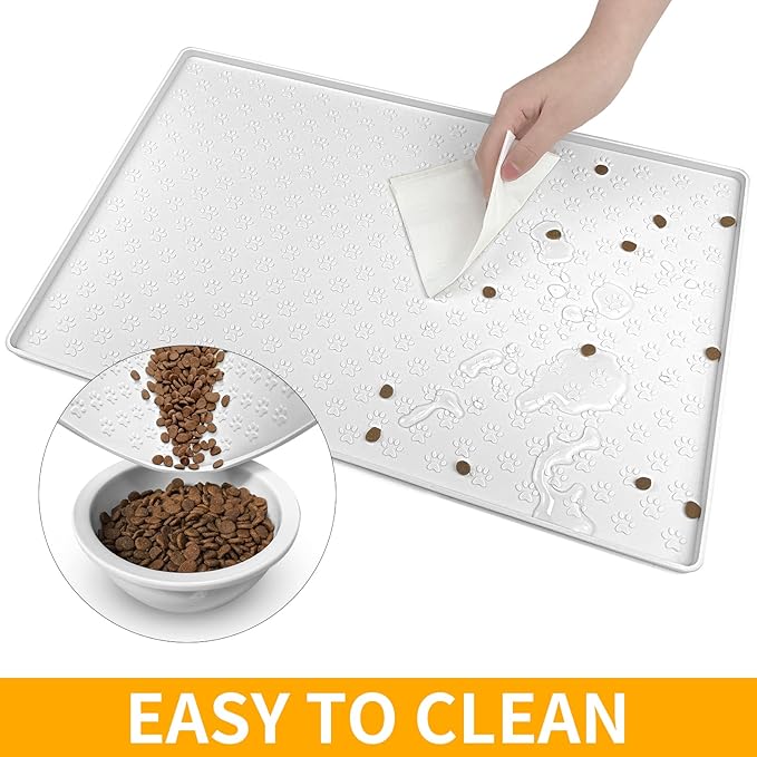 Ptlom Pet Placemat for Dog and Cat, Waterproof Silicone Pet Feeding Bowl Mats for Food and Water, Small Medium Large Dogs Mat Prevent Residues from Spilling to Floor, White, 18" 12"