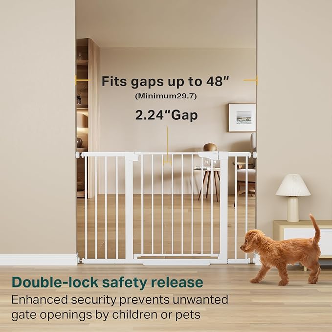 Cumbor 2 Pack 29.7"-48" Baby Gate for Stairs, Mom's Choice Awards Winner-Dog Gate for Doorways, Pressure Mounted Auto-Close Pet Gates for Dogs Indoor, Safety Child Gate with Easy Walk Thru Door,White