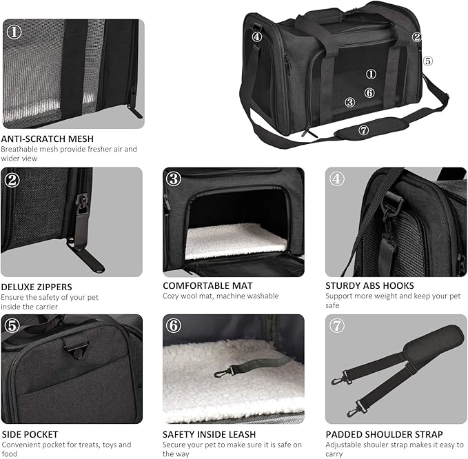 Cat Carriers Dog Carrier Pet Carrier for Small / Medium Cats Dogs Puppies (Up To 15lbs), TSA Airline Approved Small Dog Carrier Soft Sided, Collapsible Waterproof Travel Puppy Carrier -Black