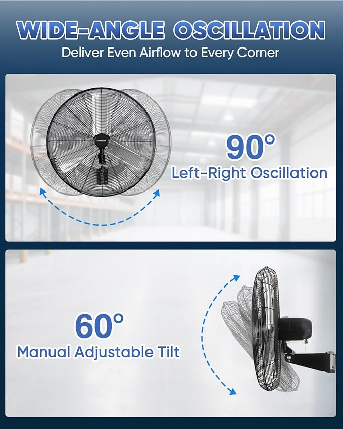 KEN BROWN 30 Inch Industrial Oscillating Wall Mount Fan - 7497 CFM High Velocity, Heavy Duty Metal Construction, 2 Speed Settings, Black