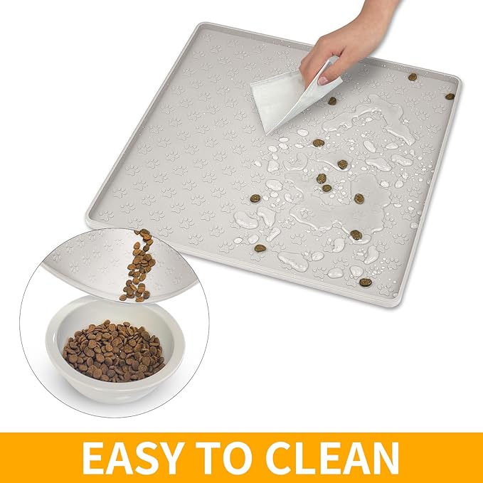 Ptlom Dog Food Mat Anti-Slip Bowl Mats for Food and Water, Waterproof Silicone Pet Placemat with High Raised Edges, Non-Slip Puppy Feeding Tray for Small, Medium Large Cats Dogs, Cream, 11.8"x11.8"