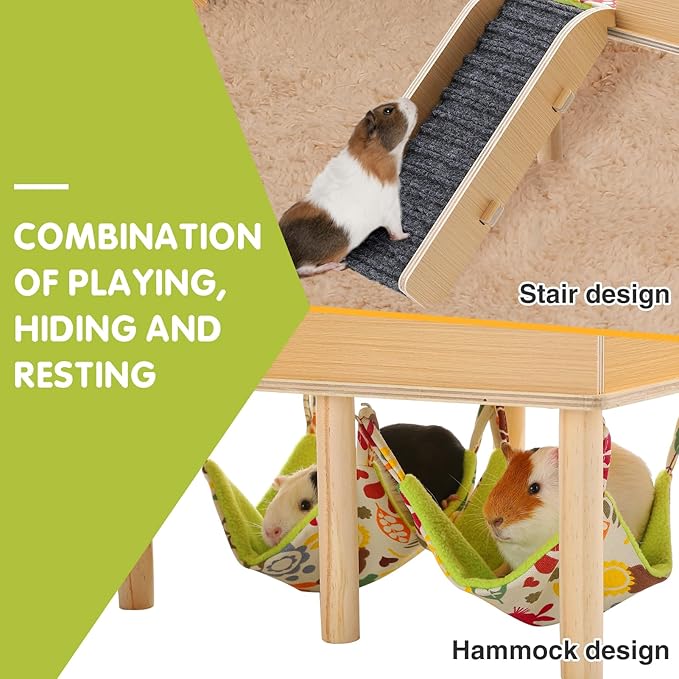 MEWTOGO Guinea Pigs Hammock with Platform, Wooden Guinea Pig Hideout with Stairs, Safe and Durable Small Pet Bed for Piggies Chinchilla Rat Hamster Bunny (Double Hammocks)