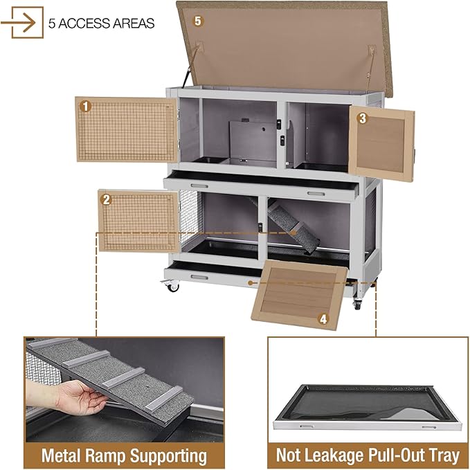 Rabbit Hutch Outdoor Indoor Bunny Cage 2 with Large Pull-Out Trays 2 Story Guinea Pig Cage on Wheels- Move Freely