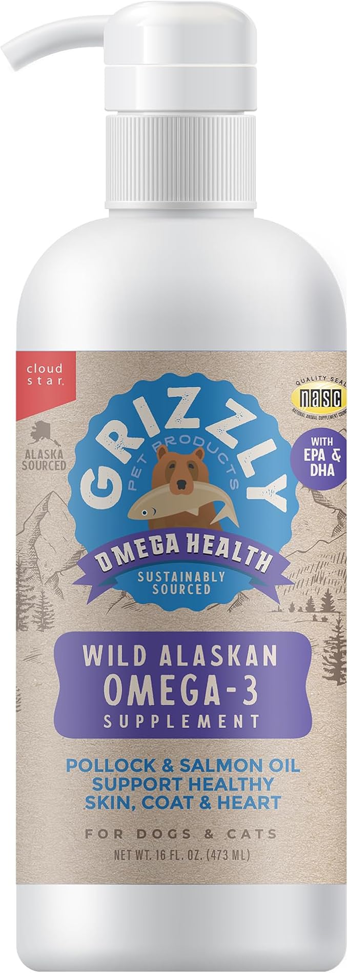Grizzly Pet Products Omega Health Liquid Omega-3 Supplement for Dogs and Cats, 16 Ounce Bottle