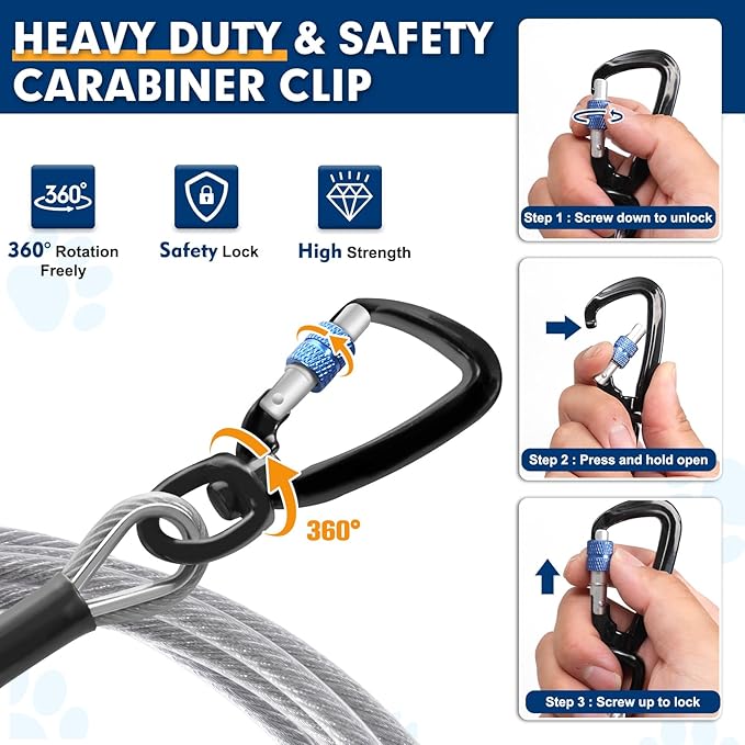 Snagle Paw Heavy Duty Tie Out Cable for Yard - 70FT-1000LBS, Chew Proof for Medium Large Dogs with Swivel, Lockable Hook, Spring