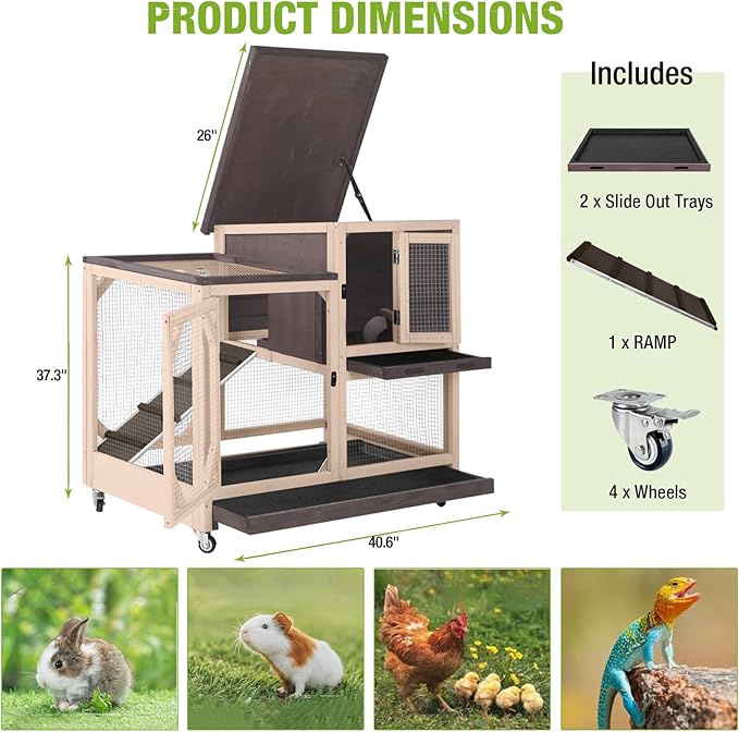 GUTINNEEN 2-Story Rabbit Hutch with Chew-Proof Ramp & Pull-Out Trays - Indoor/Outdoor 39.3" Wooden Rabbit Cage on Wheels for Rabbits, Guinea Pigs (Dark Brown)