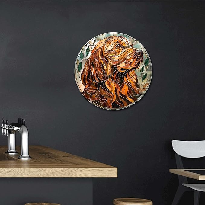 Lygond Metal Sign Tin Sign Circular Stained Glass Dog Outhouse Wall Decor For Pet 8×8 Inches