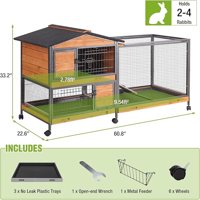 GUTINNEEN 2-Story Rabbit Hutch with Chew-Proof Full Metal Frame for Indoor/Outdoor - 62" Bunny Cage with 6 Locking Casters & 2 Pull-Out Trays for Rabbits, Guinea Pigs, Small Pets (Brown)