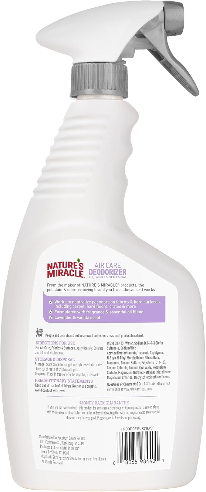Nature’s Miracle Air Care Deodorizer Air, Fabric and Surface Spray Lavender & Vanilla Scent, 24 Ounces, Pet Odor Eliminator