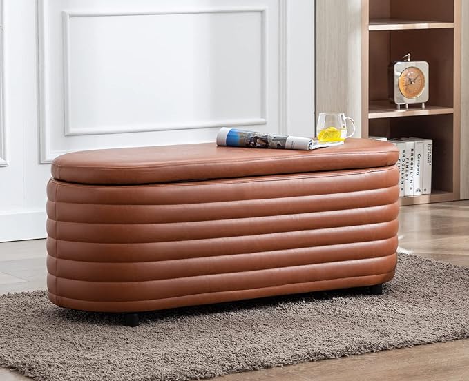 Kmax Storage Bench PU Leather Entryway Bench Upholstered Ottoman Bench for Bedroom Living Room Hallway, Brown