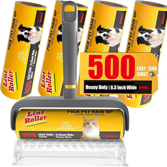 Large Surface Lint Roller for Pet Hair Extra Sticky, 500 Sheets Mega Value Set, 6.3" Dog Cat Pet Hair Remover Pick Hair Up, Giant Lint Rollers for Clothes Furniture Couch