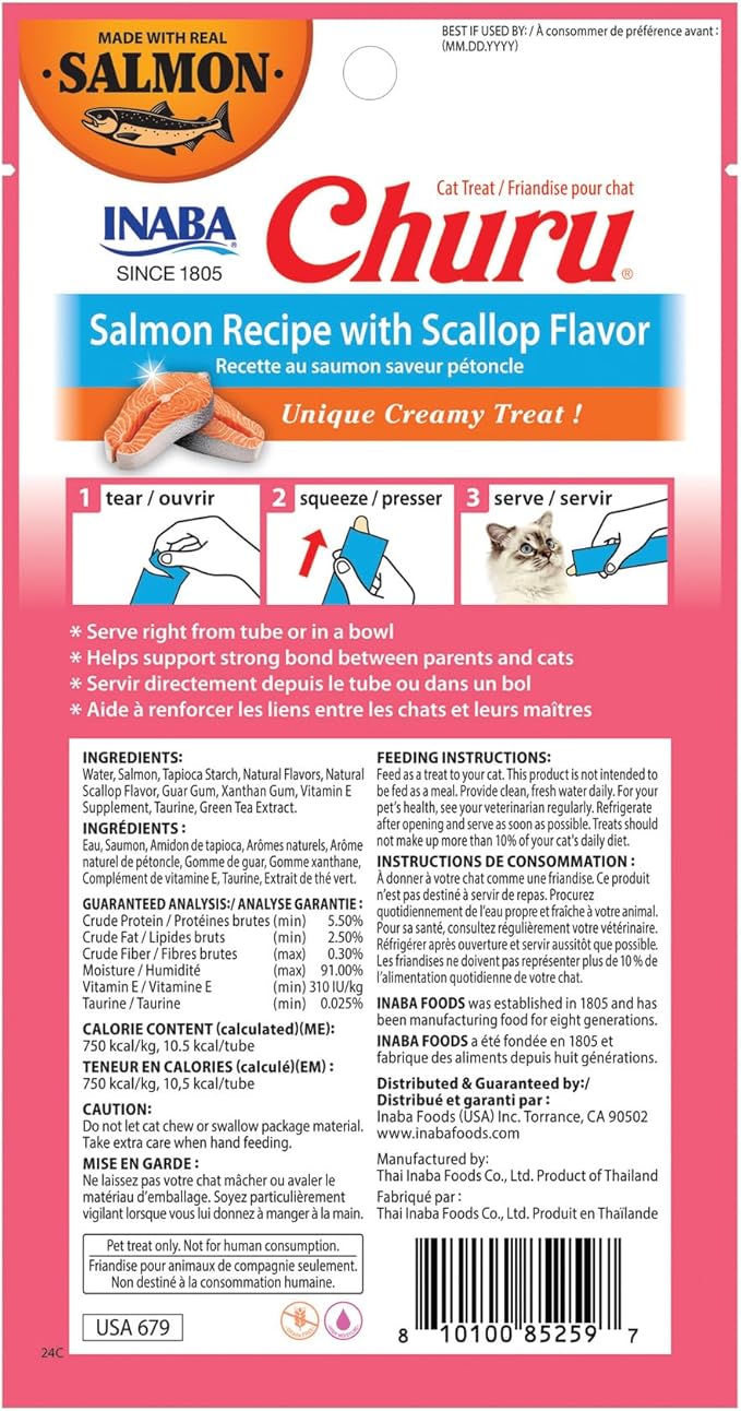 INABA Salmon Churu Cat Treats, Lickable, Squeezable Creamy Purée Cat Treat with Green Tea Extract & Taurine, 0.5 Ounces Each Tube, 24 Tubes (4 per Pack), Salmon Recipe with Scallop Flavor