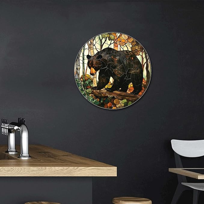 Lygond Metal Sign Tin Sign Circular Stained Glass American Black Bear Funny Outdoor Decor for Gift 12×12 Inches
