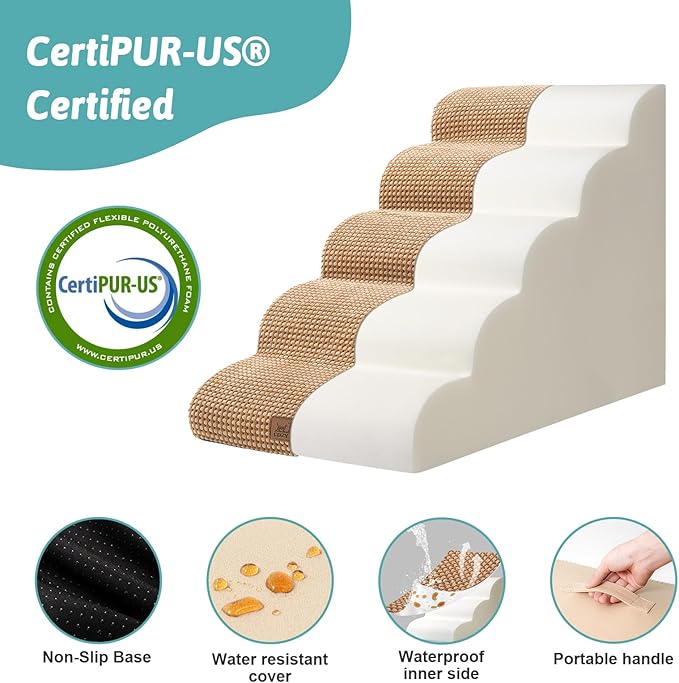 Dog Stairs for High Bed 22.6" H, Small Dog Step for Puppy, Older or Cat, Curved Ramp for Car, Ladder with High Density Foam, Lightweight, Durable, 15.7x33x22.6 inch, 5 Step, Light Brown