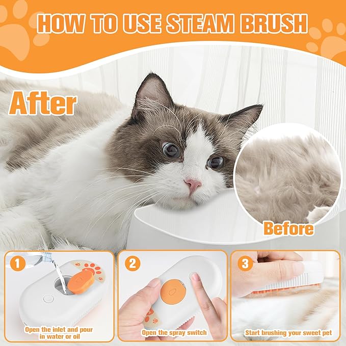 Cat Steam Brush for Shedding,3 in1 Cats Water Spary Comb,Rechargeable Steamy Cat Brush,Spritz Defur Comb for Cats,Silicone Pets Steamer Brushes for Massage,Grooming,Removing Loose Hair Yellowish&White