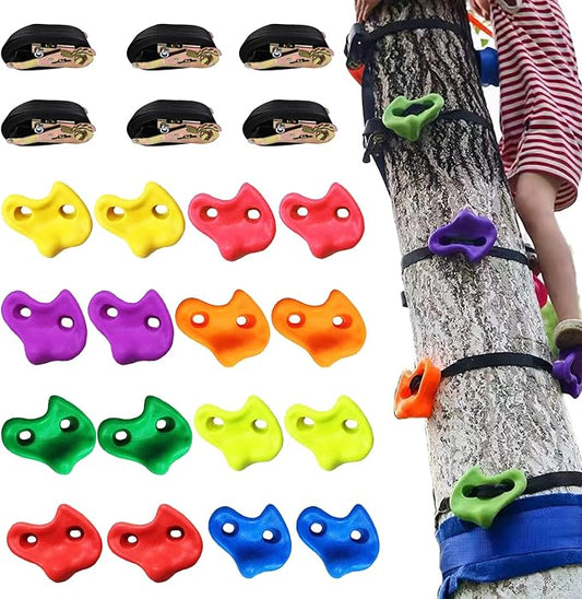 KINSPORY 16PC Tree Climbing Holds and 6pc Tree Ratchet Straps Climber Kit, Oversized Pig Nose Climb Rock Holds Kit for Outdoor Ninja Warrior Obstacle Course Training