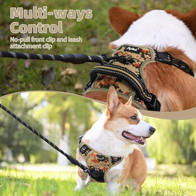 PUPTECK No Pull Dog Harness Medium Sized, Adjustable Reflective Dog Harness with Handle Easy Control, Comfortable Soft Padded Pet Vest Harness for Medium Dogs, Camouflage M